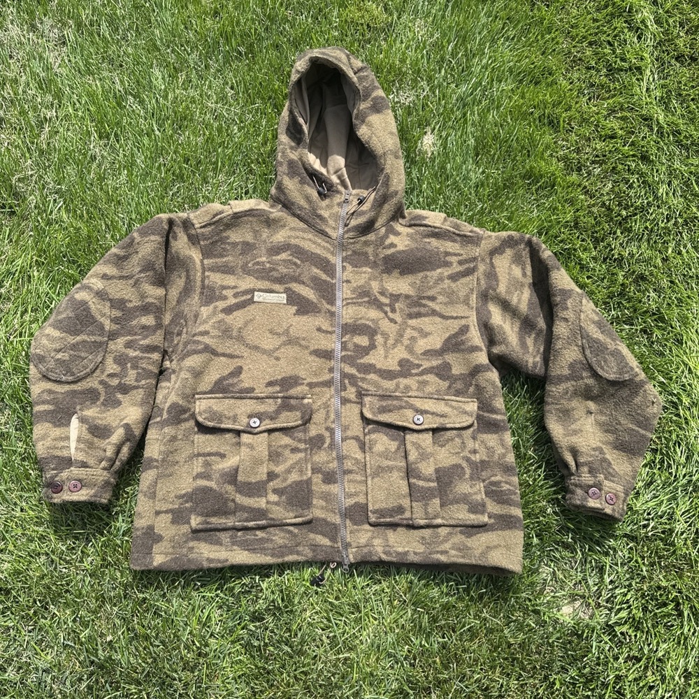 Columbia Gallatin Range Wool Blend Hooded Jacket Outfitter Camo XL Vintage 90s